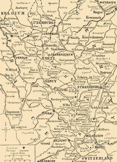 Kart som viser grensen mellom Frankrike og Tyskland, første verdenskrig, c1915, c1920. av Unbekannt