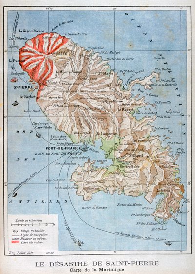 Kart som viser utbruddet av Mount Pelee, Martinique, 1902 av Unbekannt