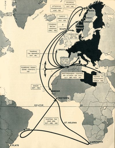 Kart som viser bevegelsene til HMS Ark Royal, 1939-1941, 1942. av Unbekannt