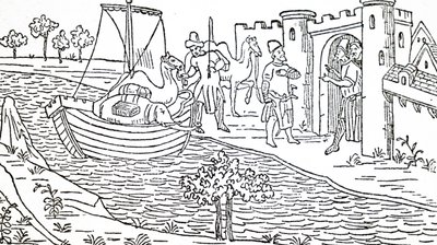 Marco Polo og onklene hans ankommer Hormuz. av Unbekannt