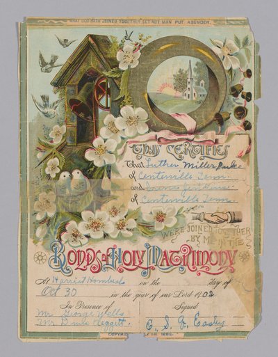 Ekteskapsattest til Luther Miller Pulce og Irene Jenkins, 30. oktober 1902. av Unbekannt