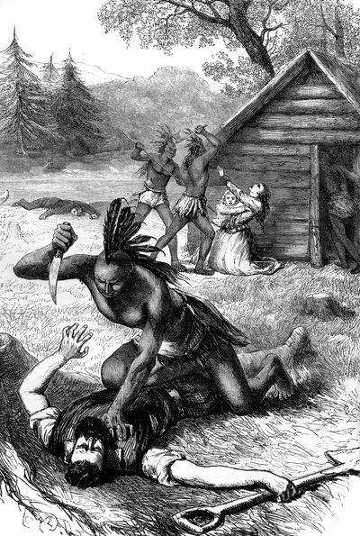 Massakre på nybyggere av indianere, c1600-tallet c1880 av Unbekannt