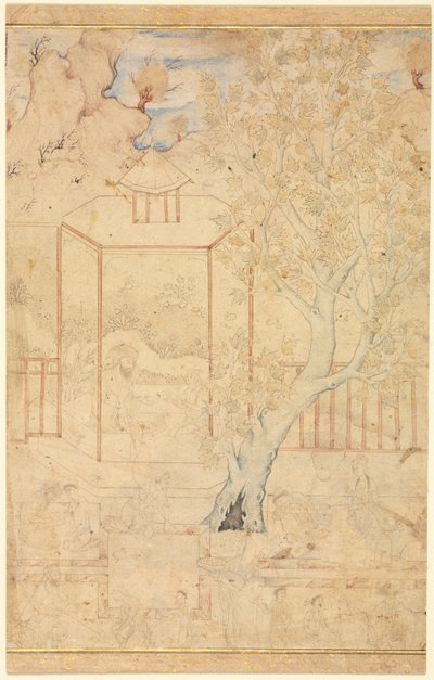 Mester og disippel i en hagepaviljong, illustrasjon på én side, ca. 1570-1590-årene. av Unbekannt