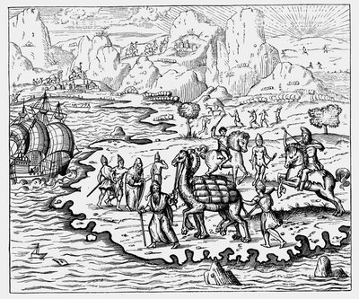 Kjøpmenn som frakter varer til kysten og et ventende fartøy med kamel, 1575 av Unbekannt