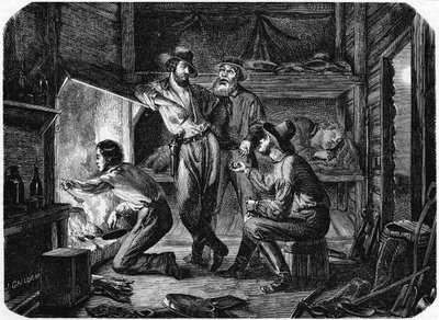 Gruvearbeidere i de kaliforniske gullfeltene slapper av i tømmerhytta om natten, 1853 av Unbekannt