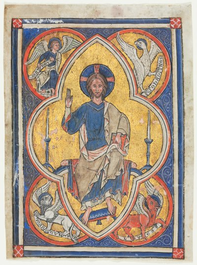 Miniatyr utskåret fra en psalter: Kristus i majestet med symboler for de fire evangelistene, ca. 1235. av Unbekannt