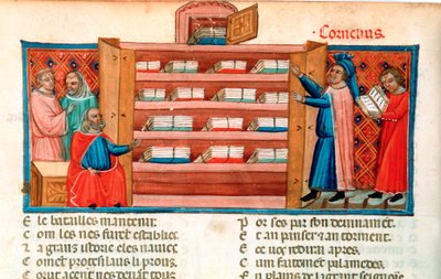 Munker og studenter i et bibliotek, 1400-tallet av Unbekannt