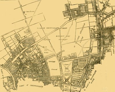 Moorfields og dets nabolag fra et kart fra ca 1720, c1872. av Unbekannt
