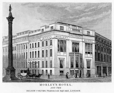 Morleys Hotel and Nelsons Column, Trafalgar Square, Westminster, London, 1800-tallet av Unbekannt