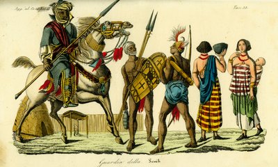 Montert livvakt til sjeiken av Bornu sammen med Kanembu-lanseren og Munga-bueskytteren, Kanem-Bornu Empire av Unbekannt