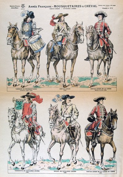 Mousquetaires a Cheval 17th Century. Franske hæruniformer. Fargelitografi. Privat samling av Unbekannt