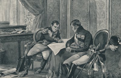 Napoleon og Alexander ved Tilsit studerer kartet over Europa, 1807, 1896 av Unbekannt