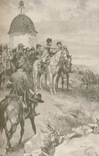 Napoleon og hans stab i Austerlitz, 1896 av Unbekannt