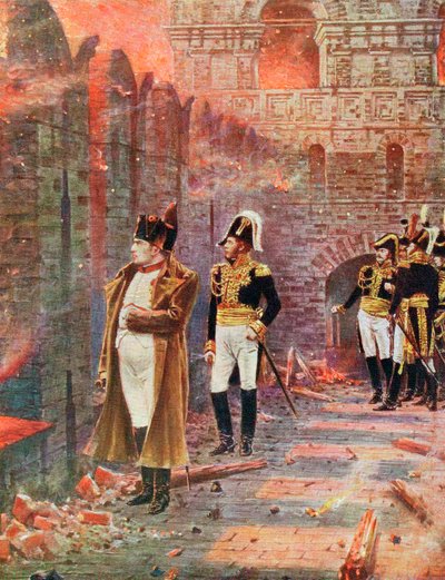 Napoleon og hans stab ser på brenningen av Moskva, 1812 sent på 1800-tallet av Unbekannt