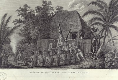 Innfødte fra Sandwichøyene, Hawaii, slakter svin før Captain Cook, c1778 av Unbekannt