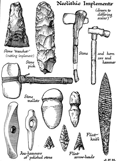 Neolittiske redskaper av stein, flint og horn, c1890 av Unbekannt