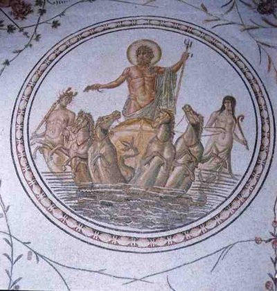 Neptun på sin vogn, med Hippocampi og Tritons (mosaikk) av Unbekannt