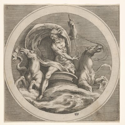 Neptun stiger opp fra havet og bærer en stav, ledsaget av to hestehodede ..., ca. 1550-1600. av Unbekannt