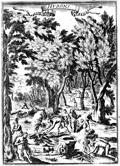Nordamerikanske Huron-indianere jakter og tilbereder mat i skog, 1686 av Unbekannt