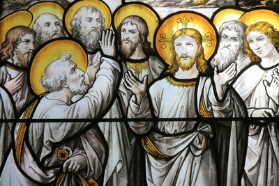 Notre Dame de Beaune kirkes glassmalerier: Saint Peter protesterer mot sin troskap mot Kristus Beaune Frankrike av Unbekannt