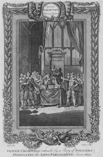 Oliver Cromwell deltok av en by av soldater som oppløste det lange parlamentet. Anno 1653, c1787 av Unbekannt