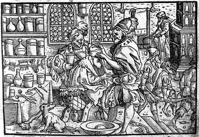 Operasjon på en manns hode. Fra: Den store sårmedisinen av Theophrastus Bombastus von Hohenheim, 1562 av Unbekannt