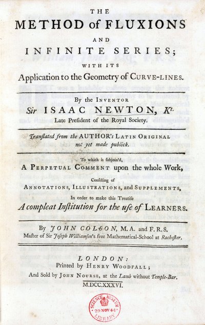 Tittelside til 'The method of fluksjoner og uendelige serier', av Isaac Newton's (1642-1727), publisert i London i 1736, som omfatter de viktigste teoriene som har påvirket vitenskapene betydelig: binomialsetningen, de tre universelle lovene ti av Unbekannt