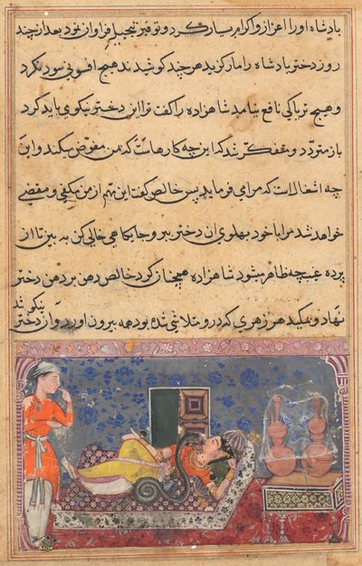 Side fra Tales of a Parrot Tuti-nama: Attende natt: Khalis betaler tilbake..., ca. 1560. av Unbekannt