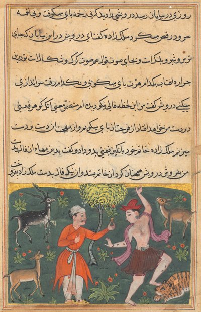 Side fra Tales of a Parrot Tuti-nama: Attende natt: Prinsen møter..., ca. 1560. av Unbekannt