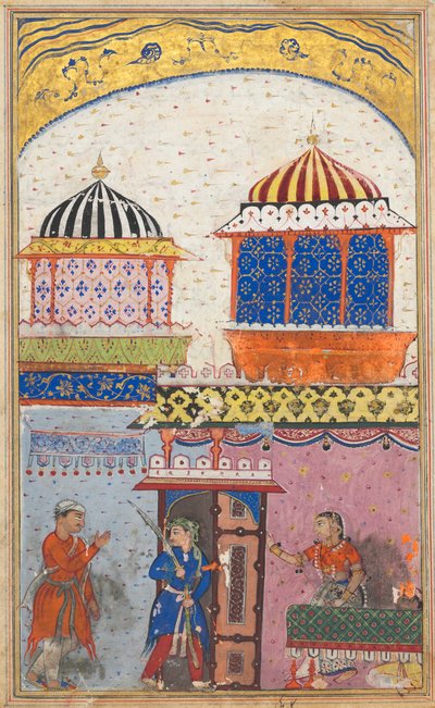Side fra Tales of a Parrot Tuti-nama: Åttende natt: En kvinne ber kjæresten sin om å forlate..., ca. 1560. av Unbekannt