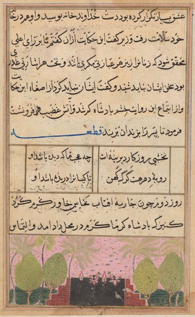 Side fra Tales of a Parrot Tuti-nama: Åttende natt: Landskap med en lotus, ca. 1560. av Unbekannt