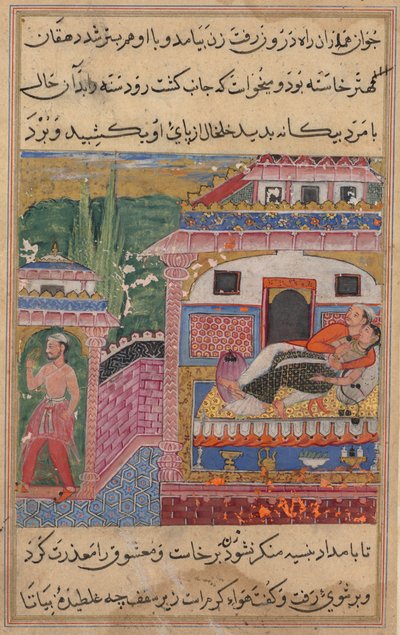 Side fra Tales of a Parrot Tuti-nama: Åttende natt: Den svikefulle kona overtaler..., 1558-1560. av Unbekannt