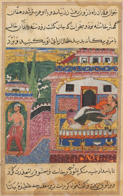 Side fra Tales of a Parrot Tuti-nama: Åttende natt: Bonden, faren til sønnen..., 1558-1560. av Unbekannt
