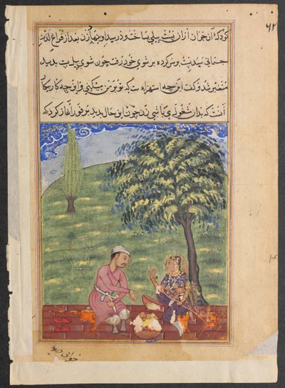 Side fra Tales of a Parrot Tuti-nama: Åttende natt: Den utro kone som forklarer..., ca. 1560. av Unbekannt