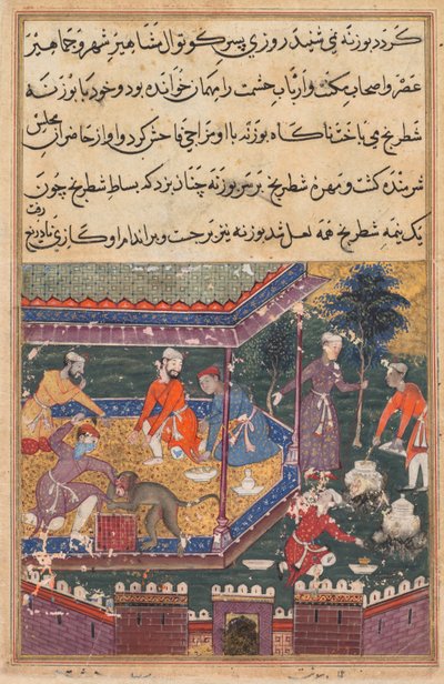Side fra Tales of a Parrot Tuti-nama: Femte natt: Den sårede apen biter hånden., c1560. av Unbekannt