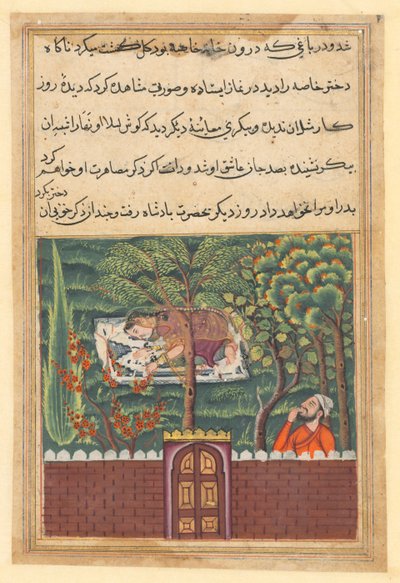 Side fra Tales of a Parrot Tuti-nama: Femtiførste natt: Khulasa, en vesir, ser..., c1560. av Unbekannt