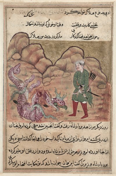 Side fra Tales of a Parrot Tuti-nama: Femtiandre natt: Sønnen til den fromme mannen..., ca. 1560. av Unbekannt