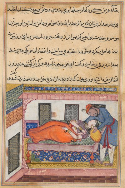 Side fra Tales of a Parrot Tuti-nama: Førtiende natt: Shahr-Arais ektemann..., ca. 1560. av Unbekannt