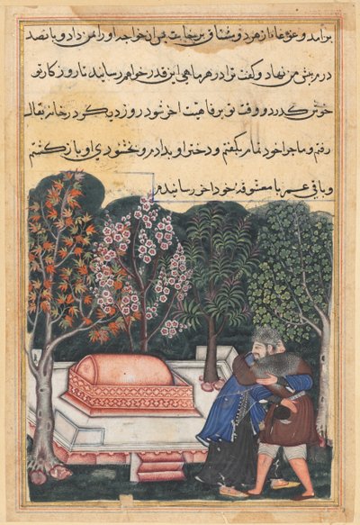 Side fra Tales of a Parrot Tuti-nama: Førtiåttende natt: Den unge mannen fra Bagdad..., ca. 1560. av Unbekannt