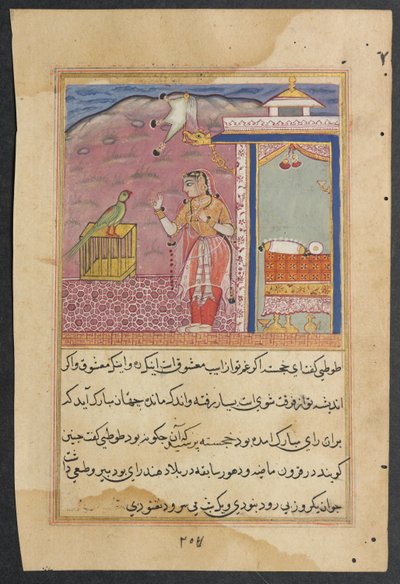 Side fra Tales of a Parrot Tuti-nama: Førti-fjerde natt: Papegøyen adresserer..., ca. 1560. av Unbekannt