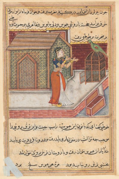 Side fra Tales of a Parrot Tuti-nama: Førti-niende natt: Papegøyen henvender seg til Khujasta..., c1560. av Unbekannt