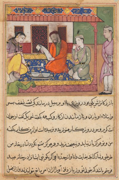 Side fra Tales of a Parrot Tuti-nama: Førtiandre natt: The Marriage of Ubaid..., ca. 1560. av Unbekannt