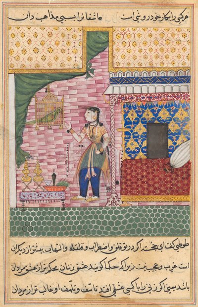 Side fra Tales of a Parrot Tuti-nama: Syttende natt: Papegøyen..., ca. 1560. av Unbekannt