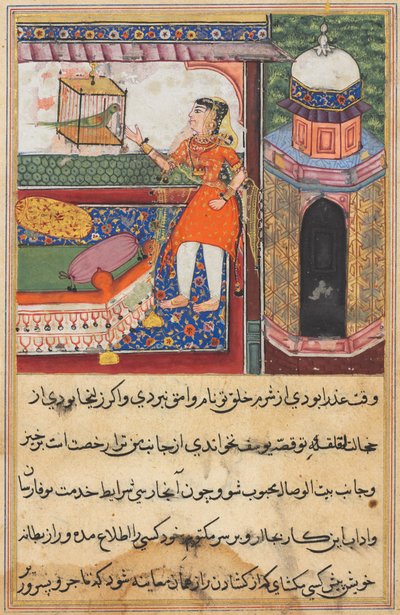 Side fra Tales of a Parrot Tuti-nama: Tiende natt: Papegøyen henvender seg til Khujasta..., ca. 1560. av Unbekannt