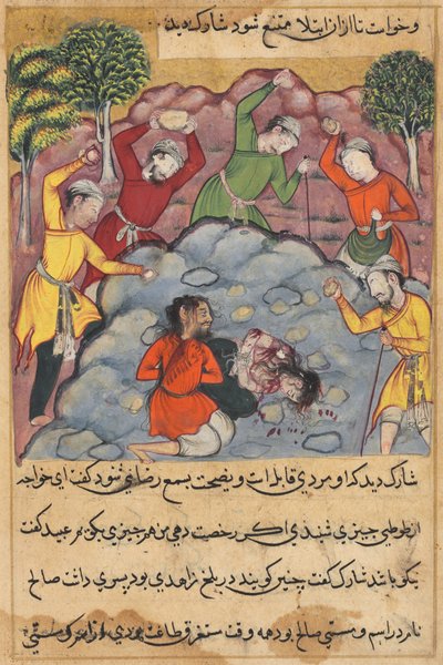 Side fra Tales of a Parrot Tuti-nama: Rajas-datteren og kjæresten hennes steinet..., ca. 1560. av Unbekannt