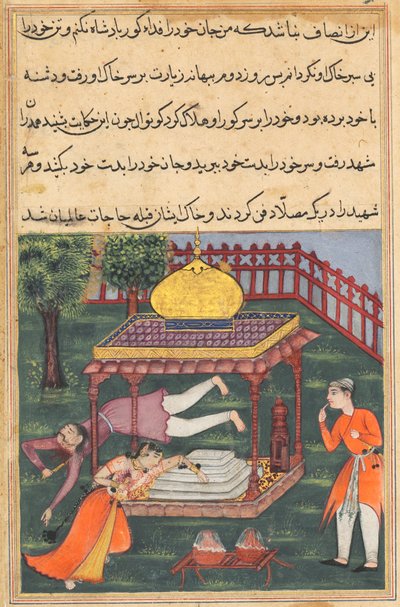 Side fra Tales of a Parrot Tuti-nama: Trettiseksende natt: Mahrusa dreper seg selv..., ca. 1560. av Unbekannt