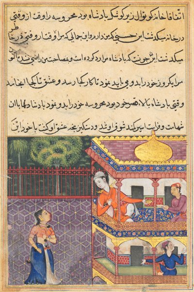 Side fra Tales of a Parrot Tuti-nama: Trettiseksende natt: Kongen av Babylon..., ca. 1560. av Unbekannt