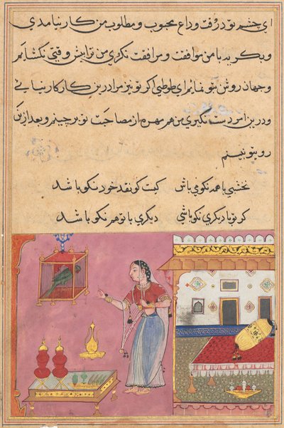 Side fra Tales of a Parrot Tuti-nama: Tjuende natt: Papegøyen adresserer..., ca. 1560. av Unbekannt