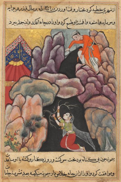 Side fra Tales of a Parrot Tuti-nama: Tjuefemte natt: Mukhtar kaster sin kone..., ca. 1560. av Unbekannt