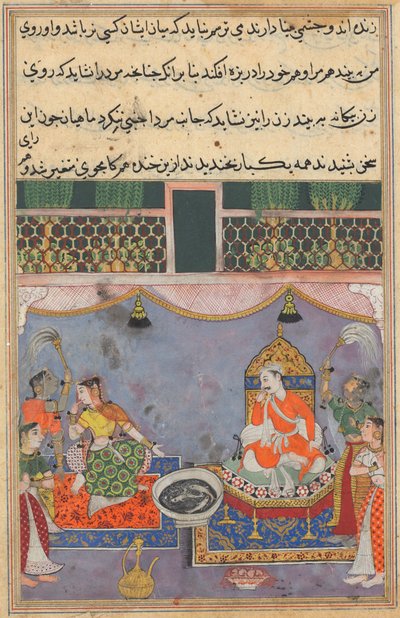Side fra Tales of a Parrot Tuti-nama: Tjuetredje natt: Kamjuy..., ca. 1560. av Unbekannt
